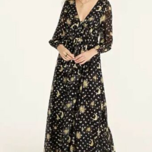 BNWT J.Crew Tie-Front Lurex Maxi Dress in Celestial Star Moon Sun Print XS - Picture 3 of 6